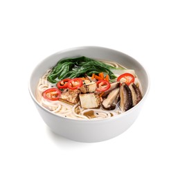 Photo of Bowl of vegetarian ramen isolated on white