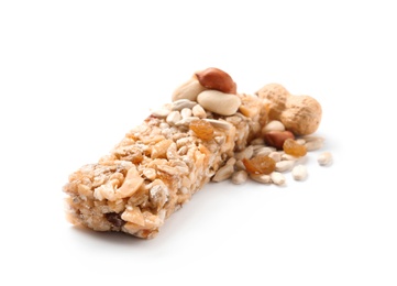 Photo of Grain cereal bar and nuts on white background. Healthy snack