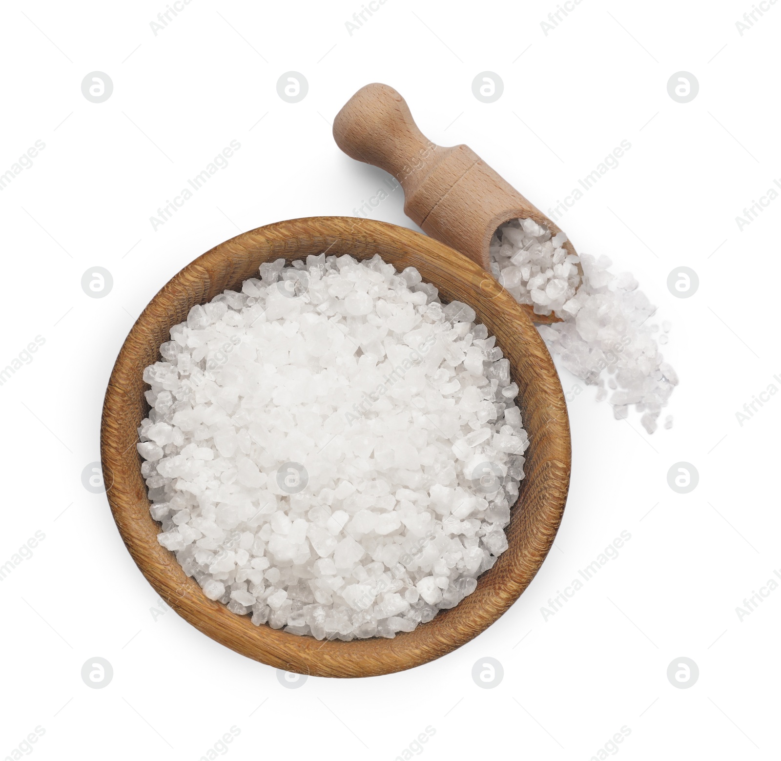 Bowl with sea salt and scoop isolated on white, top view Photo of Bowl with sea salt and scoop isolated on white, top view