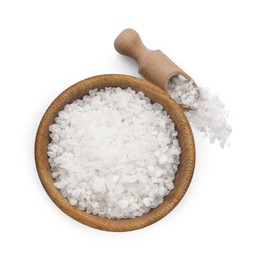 Photo of Bowl with sea salt and scoop isolated on white, top view