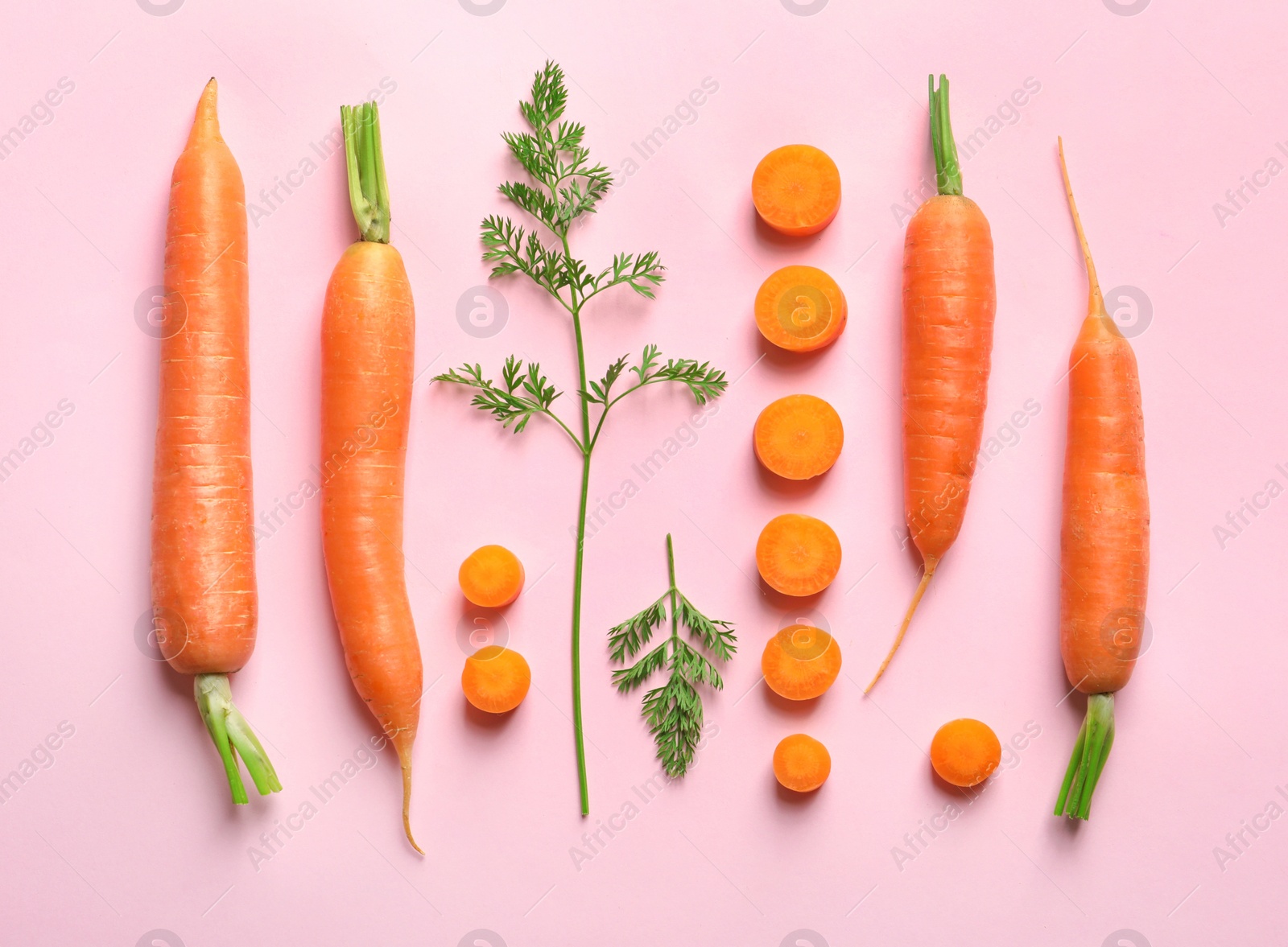 Flat lay composition with fresh carrots on color background Photo of Flat lay composition with fresh carrots on color background
