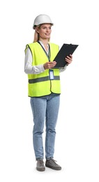 Photo of Engineer in hard hat holding clipboard on white background