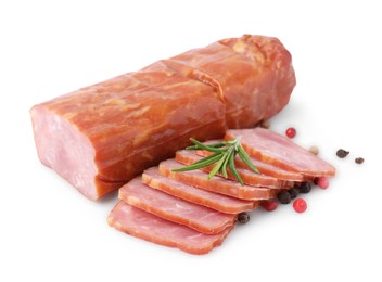 Photo of Delicious smoked sausage with rosemary and pepper isolated on white