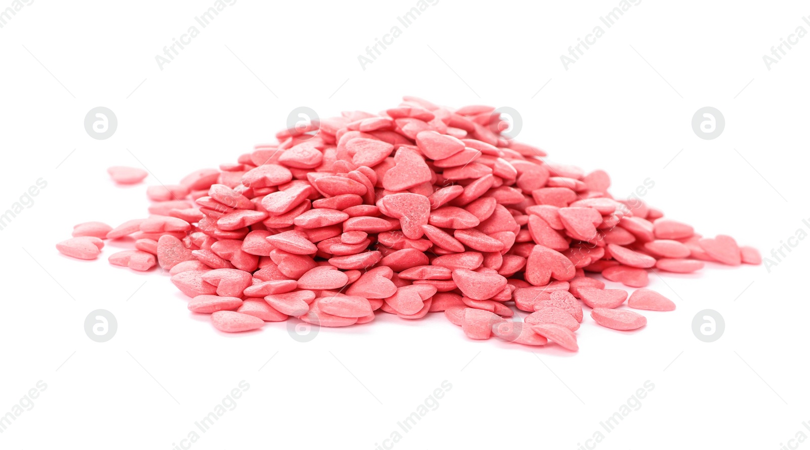 Photo of Pile of sweet candy hearts on white background