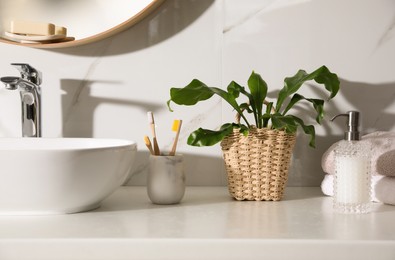 Photo of Beautiful green fern, towels and toiletries on countertop in bathroom