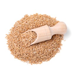 Photo of Pile of dry wheat groats and scoop isolated on white, top view