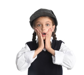 Photo of Cute little detective in hat on white background