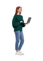 Photo of Happy woman using laptop on white background