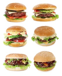 Image of Burgers with delicious patties isolated on white, set