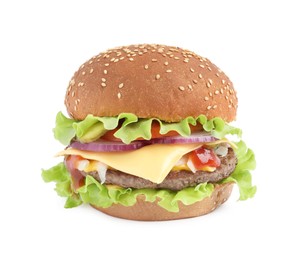 Photo of Delicious burger with beef patty and lettuce isolated on white
