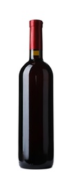 Photo of Bottle of expensive red wine on white background