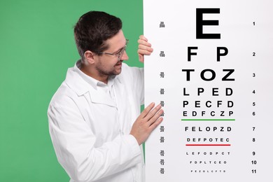 Image of Ophthalmologist with vision test chart on green background