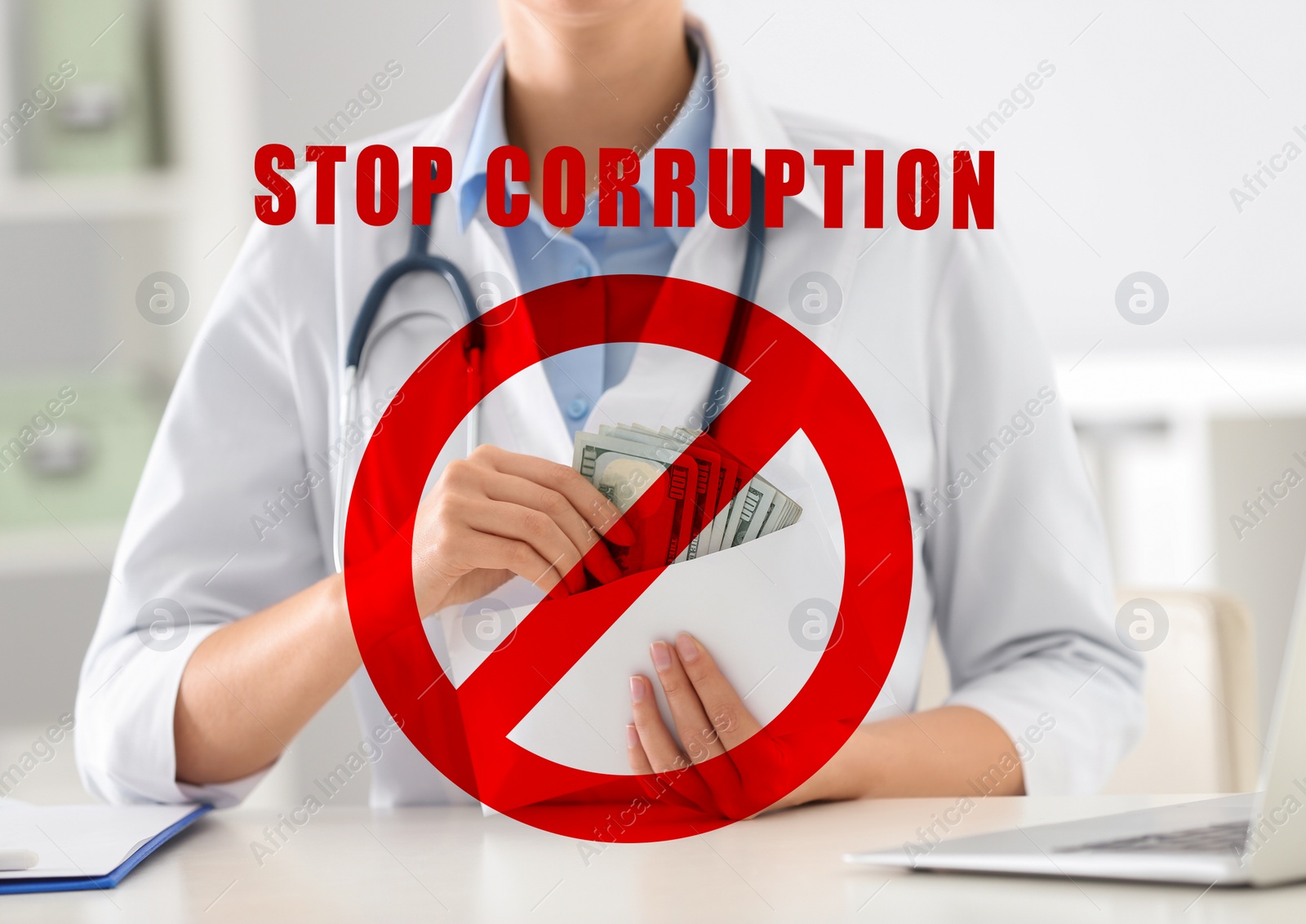 Image of Stop corruption. Illustration of red prohibition sign and doctor with bribe at desk in clinic, closeup