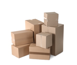 Photo of Cardboard boxes on white background. Mockup for design