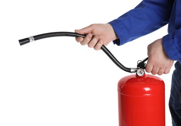 Photo of Man with fire extinguisher on white background, closeup