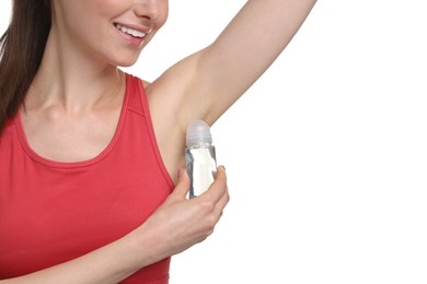 Photo of Woman applying deodorant on white background, closeup