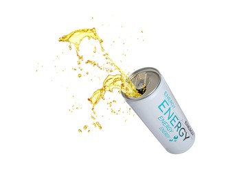 Image of Can of energy drink with splashes on white background