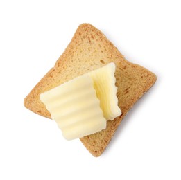 Photo of Tasty butter curl and piece of dry bread isolated on white, top view