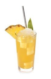 Photo of Tasty pineapple cocktail with ice cubes isolated on white