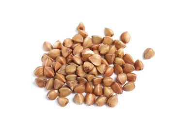 Photo of Uncooked buckwheat on white background. Healthy diet