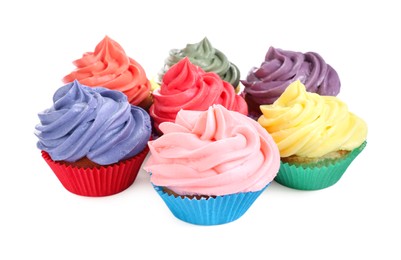 Photo of Different tasty cupcakes with cream isolated on white