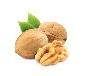 Image of Tasty walnuts and green leaves on white background