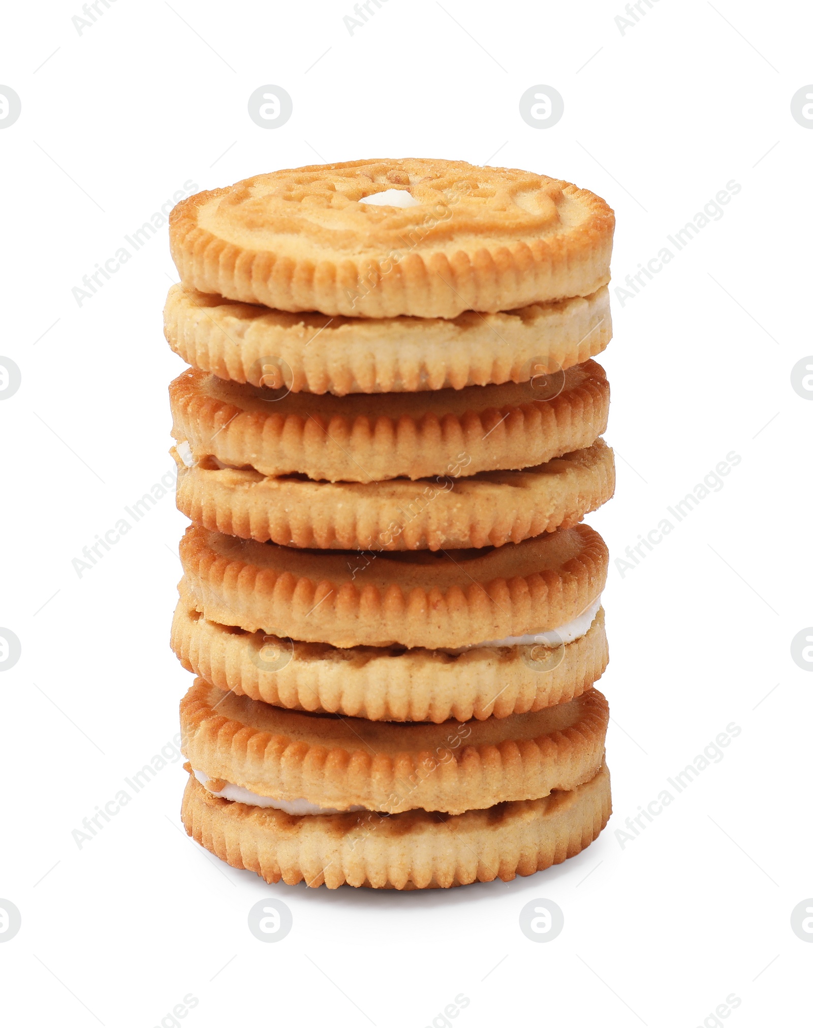 Photo of Stack of tasty sandwich cookies isolated on white