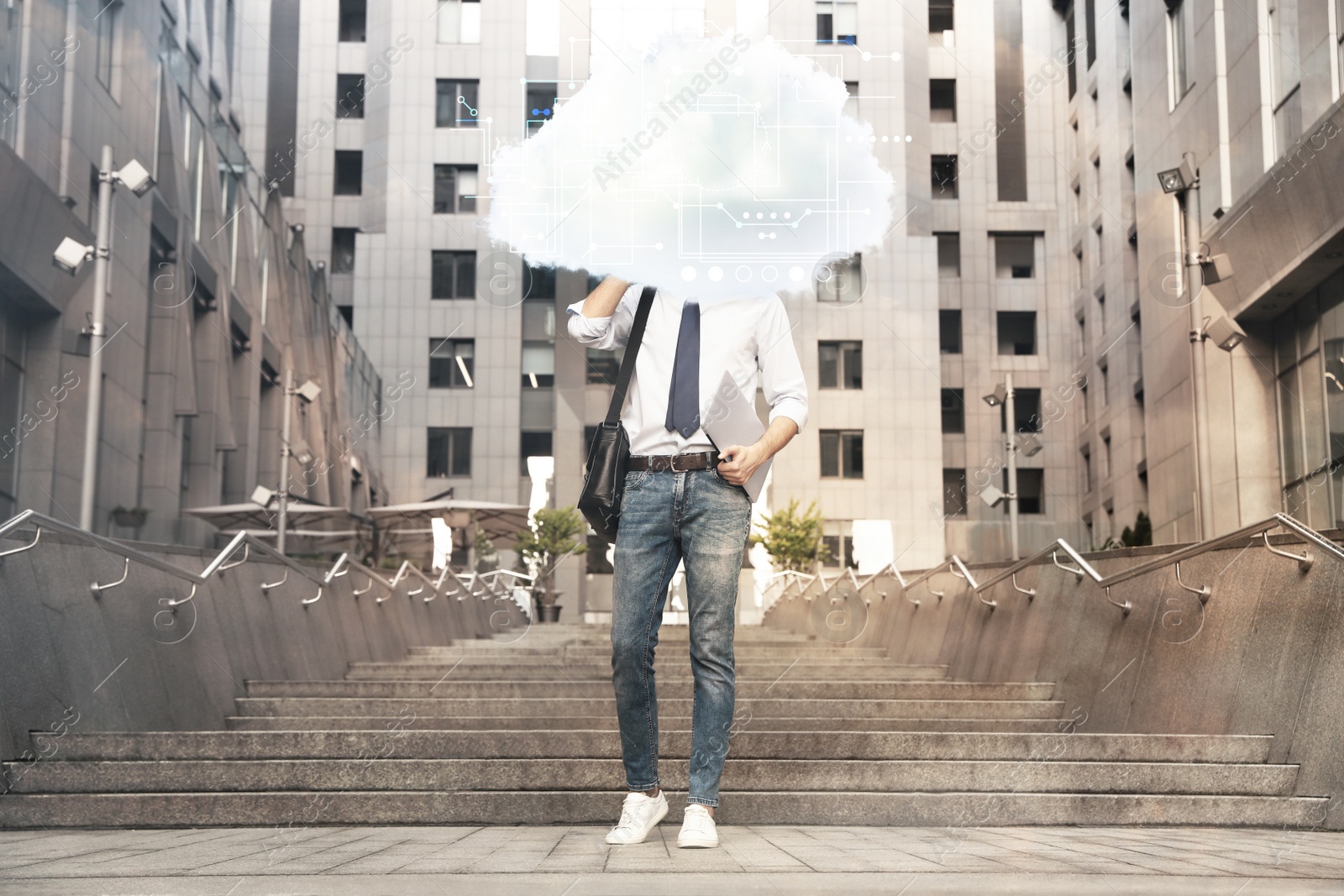 Image of Man with cloud on his head outdoors. Modern storage technology concept