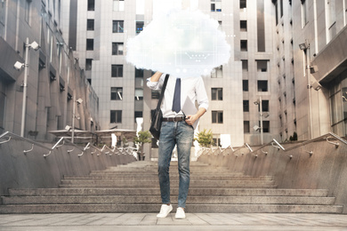 Man with cloud on his head outdoors. Modern storage technology concept