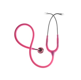 Photo of Stethoscope on white background, top view. Medical device