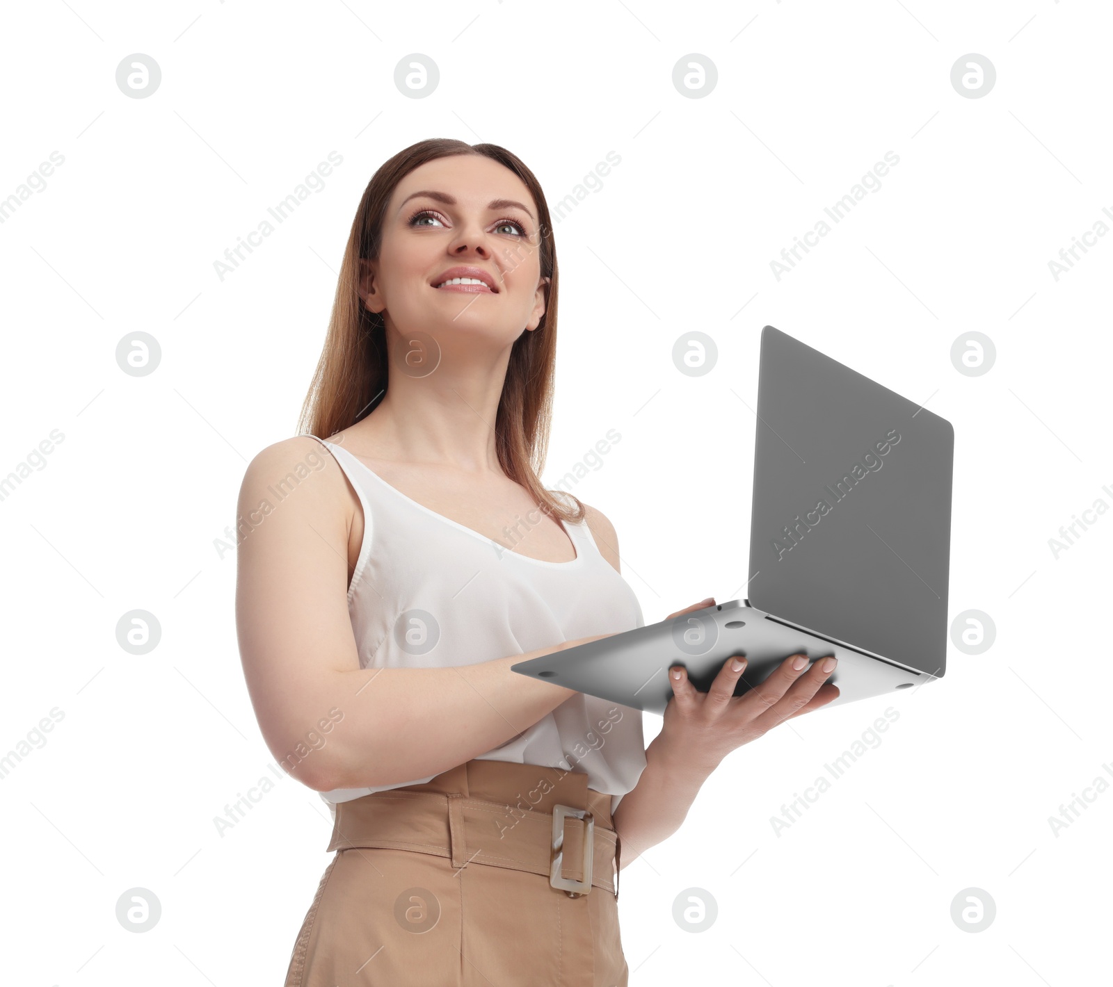 Photo of Beautiful happy businesswoman with laptop on white background, low angle view