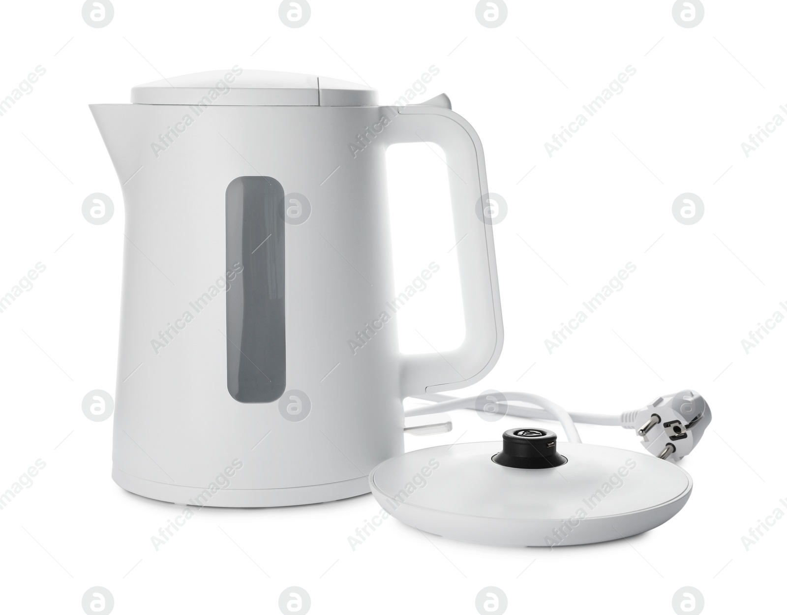 Photo of Modern electric kettle with base and plug isolated on white