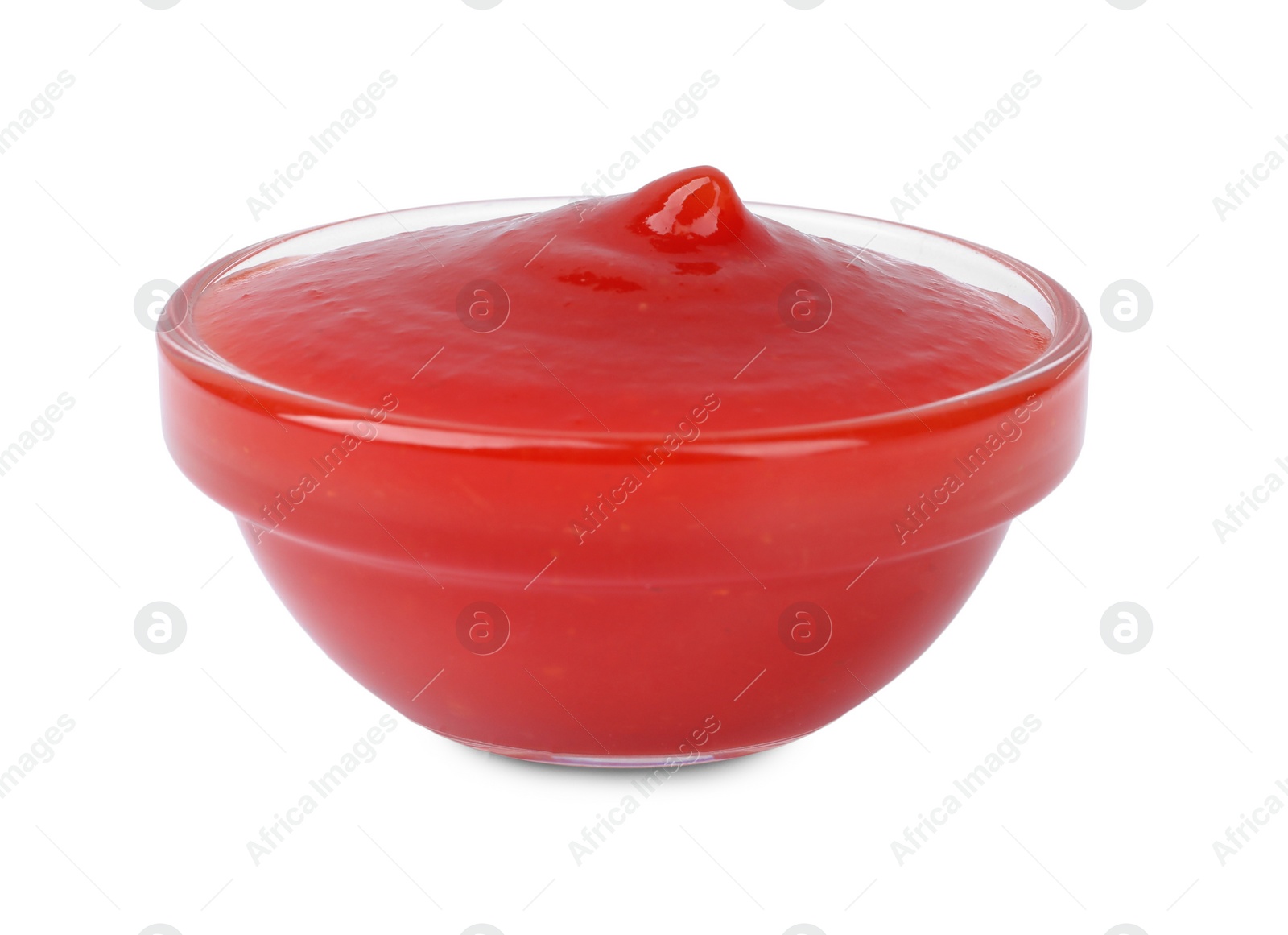 Photo of Organic ketchup in glass bowl isolated on white. Tomato sauce