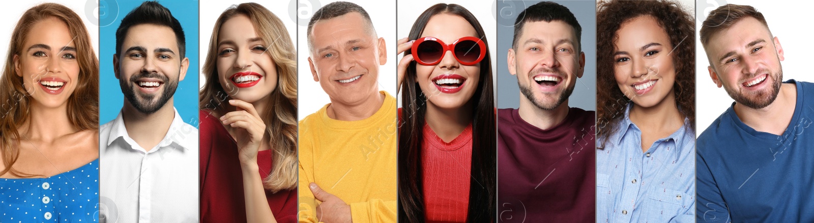 Image of Collage with photos of happy smiling people on different color backgrounds. Banner design