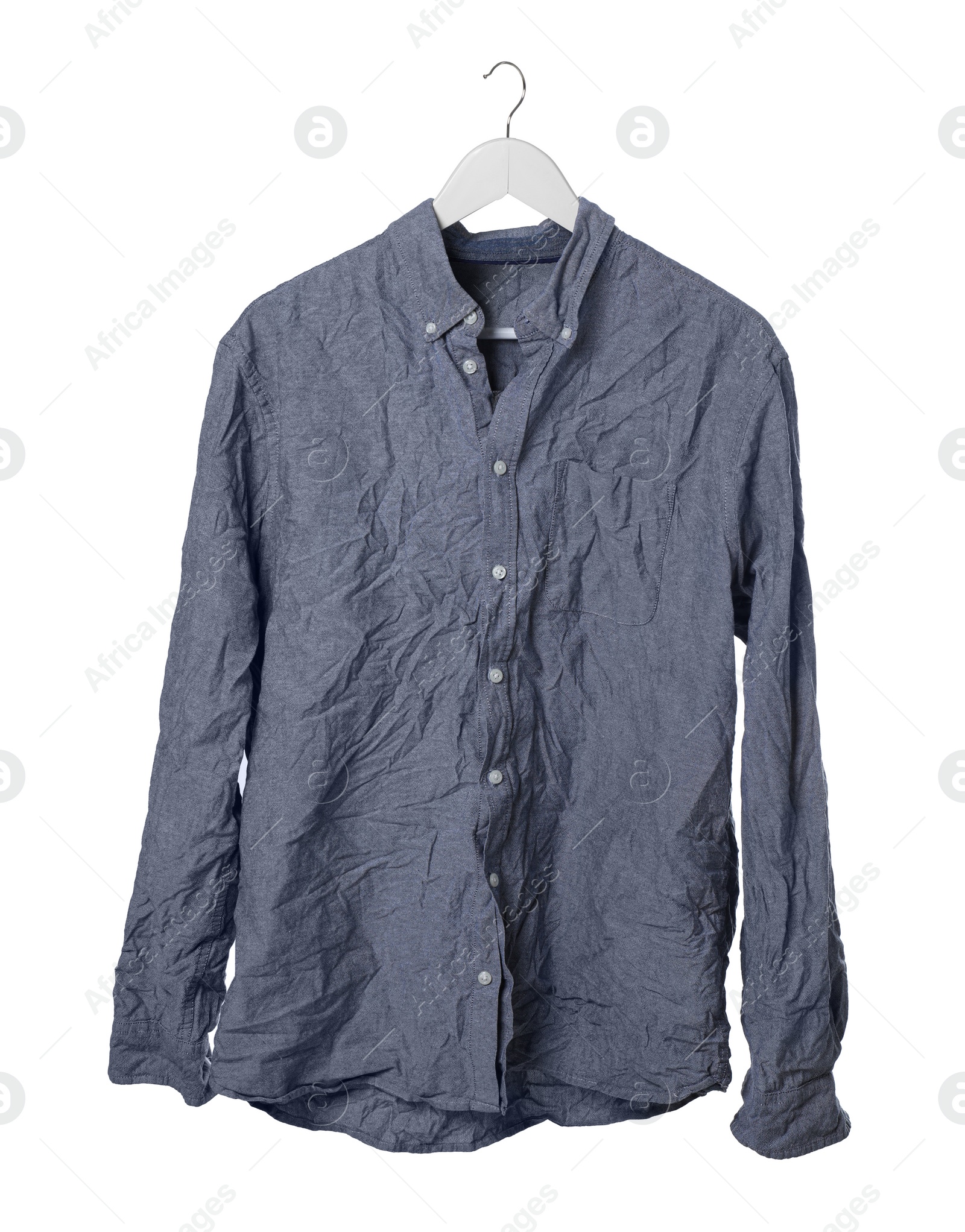 Photo of Hanger with creased shirt isolated on white