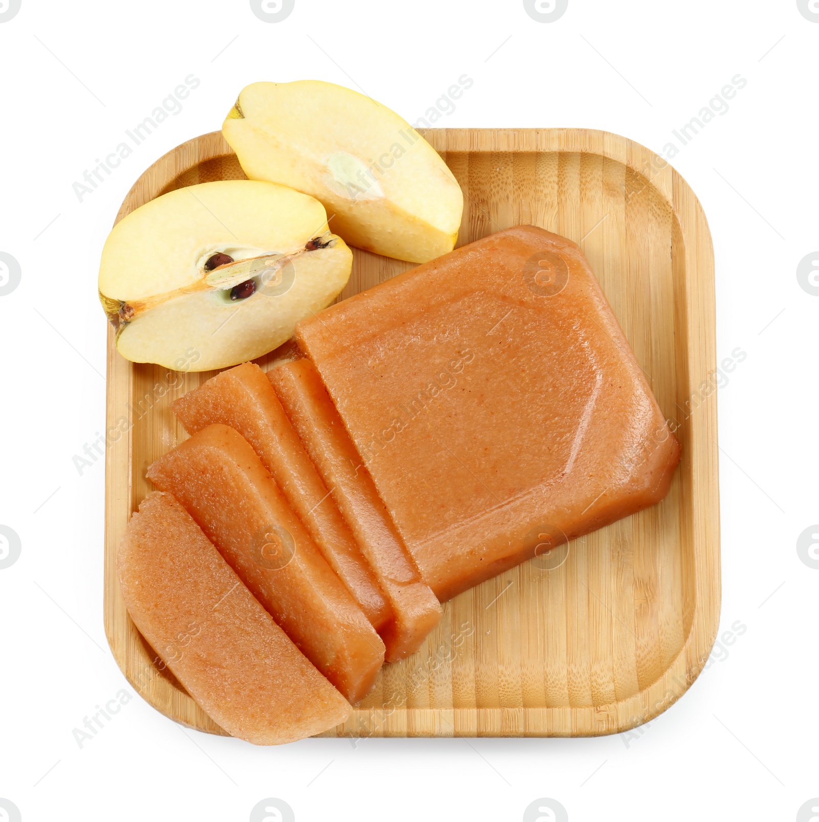 Photo of Delicious sweet quince paste and fresh fruit isolated on white, top view