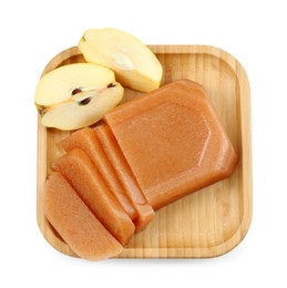 Delicious sweet quince paste and fresh fruit isolated on white, top view