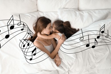 Image of Mother singing lullaby to her sleepy daughter in bed, top view. Illustration of flying musical notes around woman and child