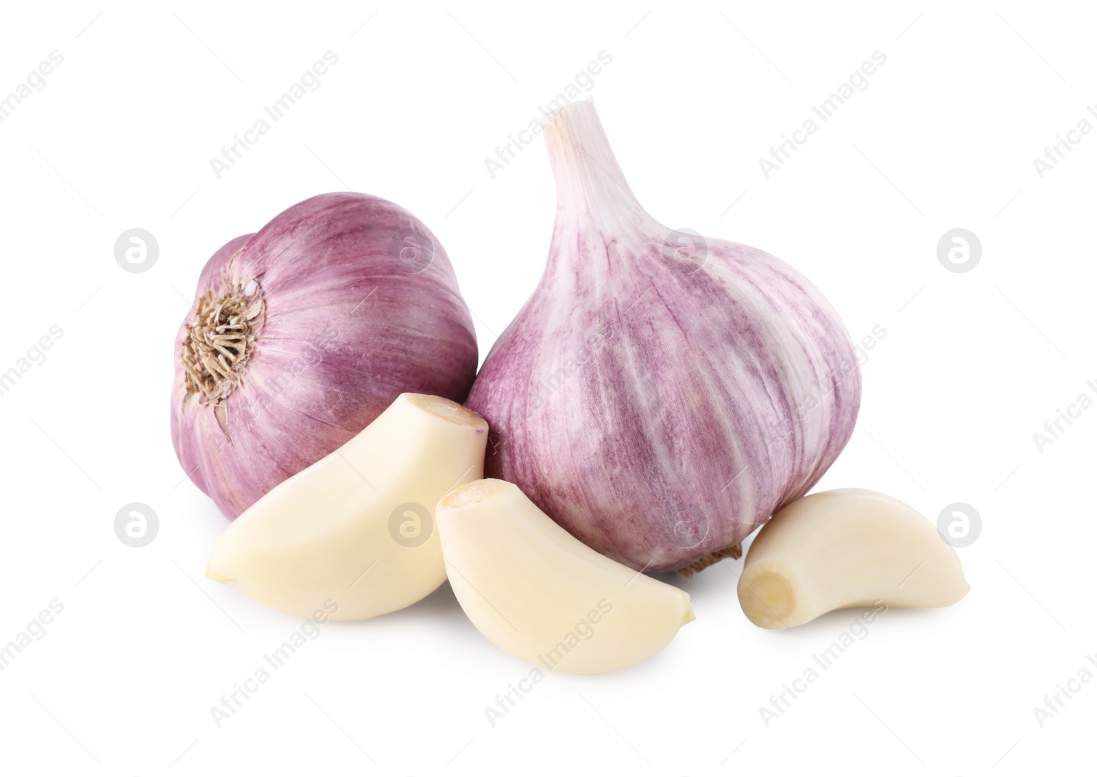 Photo of Heads of fresh garlic and cloves isolated on white