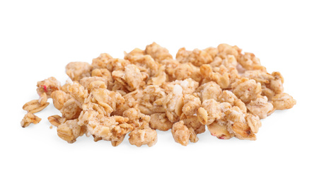 Heap of tasty crispy granola on white background