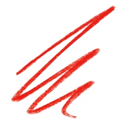 Photo of Red pencil scribble on white background, top view