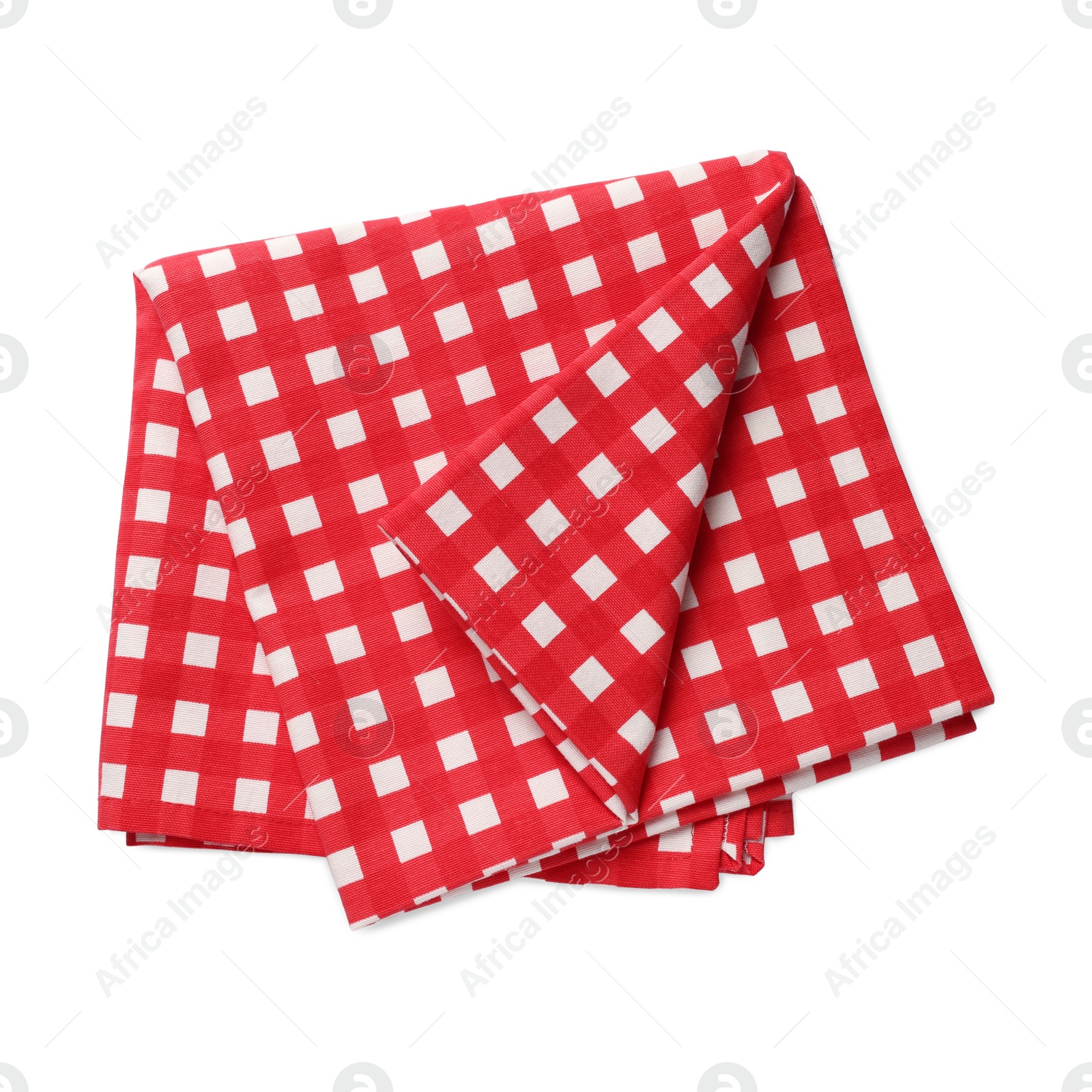 Photo of Red checkered tablecloth on white background, top view