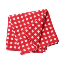 Red checkered tablecloth on white background, top view