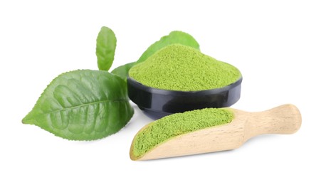 Bowl and scoop with green matcha powder isolated on white