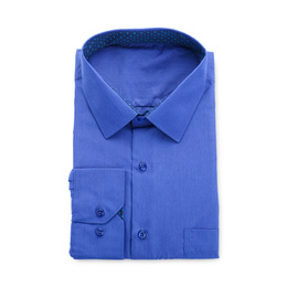 Photo of Stylish blue shirt isolated on white, top view. Dry-cleaning service