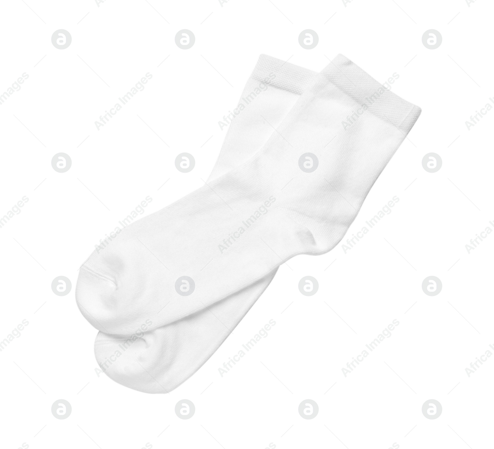 Photo of Pair of new socks isolated on white, top view