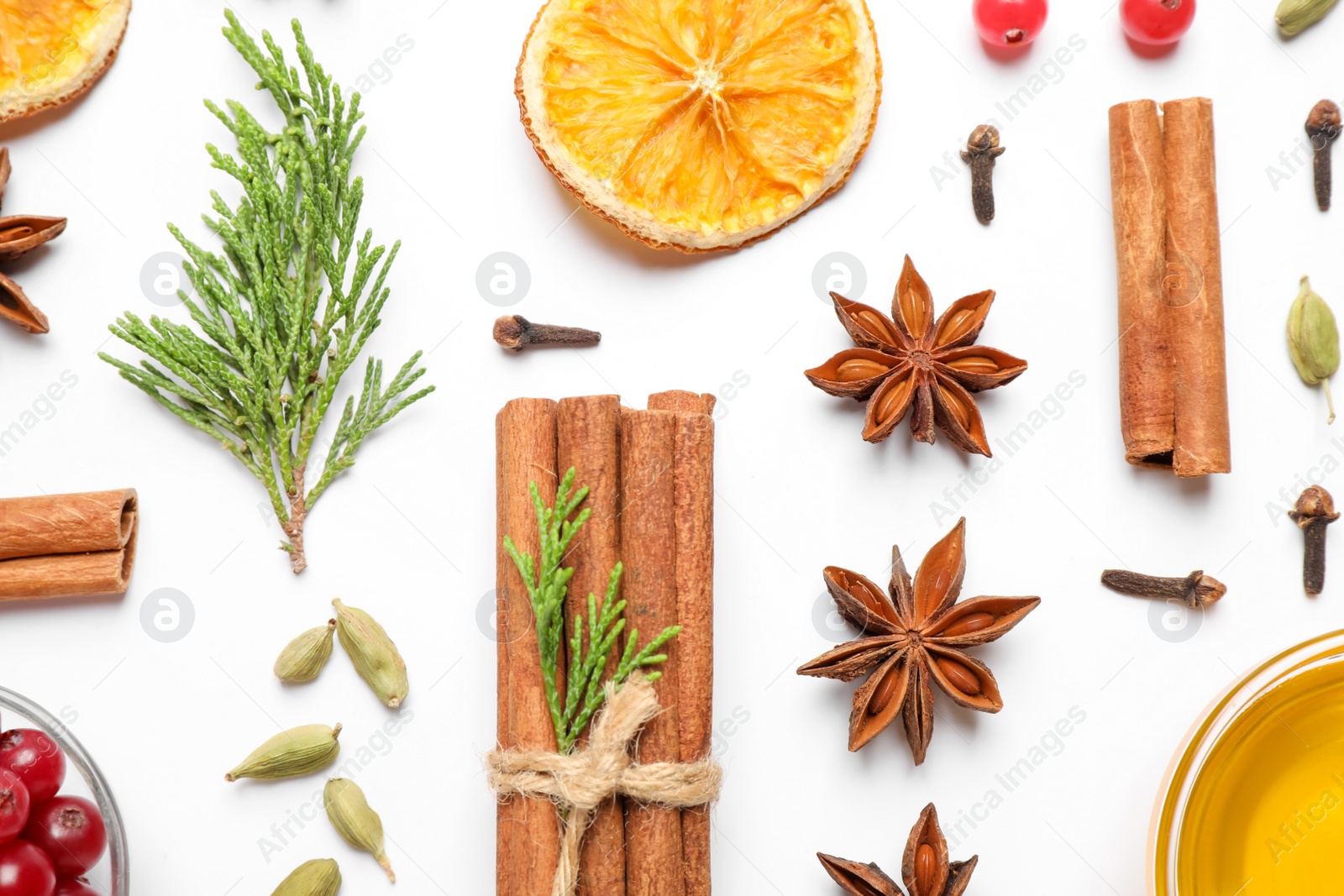 Photo of Composition with mulled wine ingredients on white background, top view