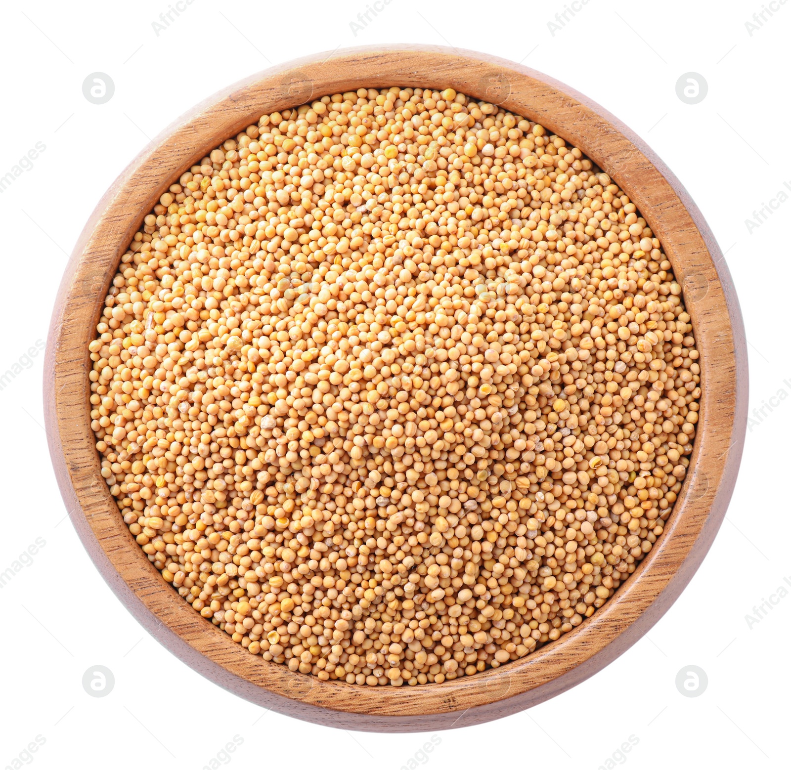 Photo of Mustard seeds in wooden bowl isolated on white, top view