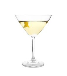 Photo of Glass of martini cocktail on white background