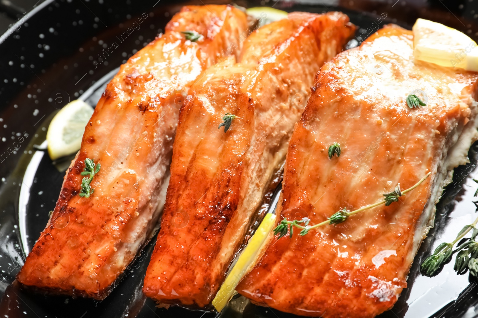 Photo of Dish with tasty freshly cooked salmon, closeup